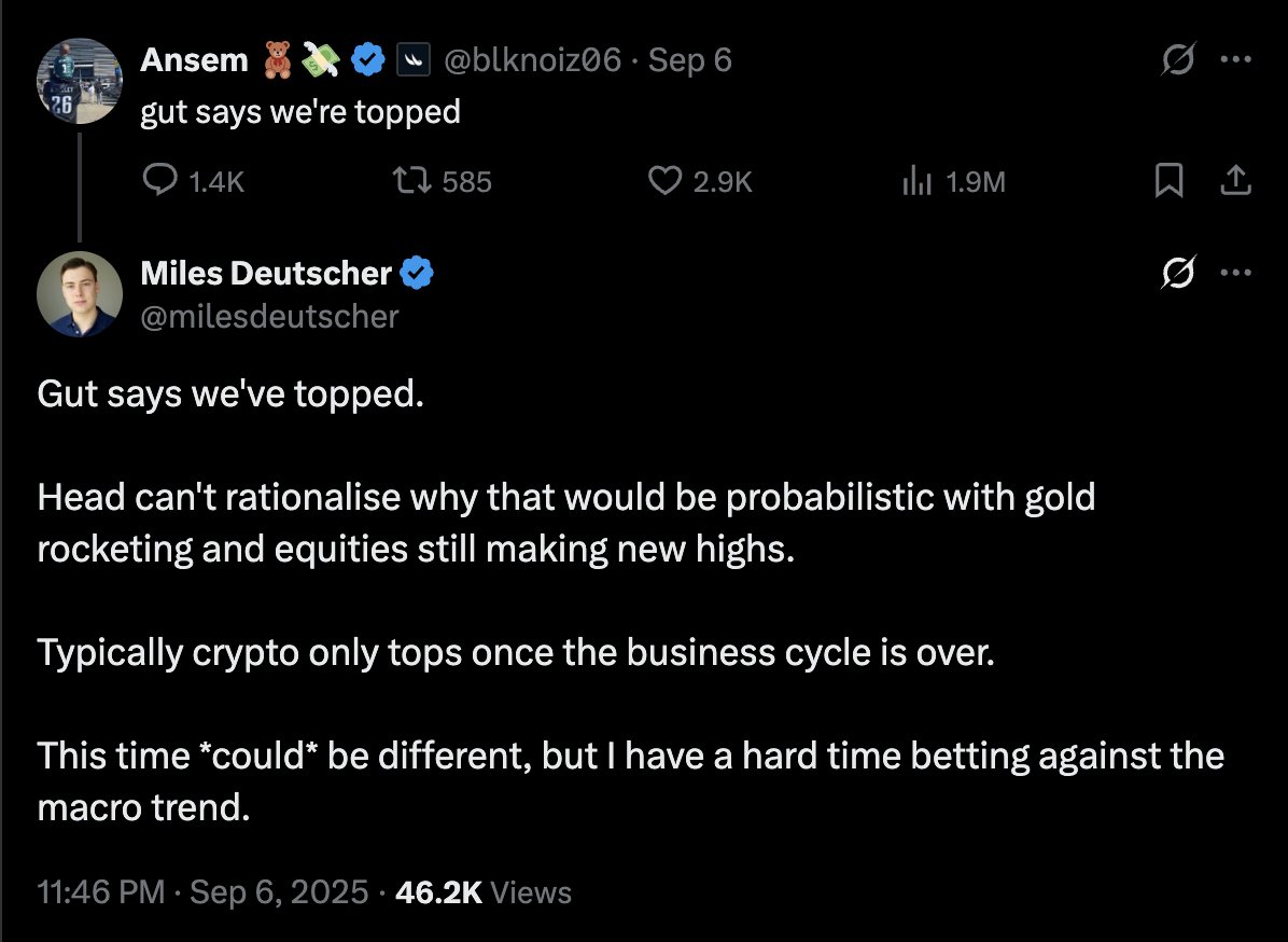 Cryptocurrencies haven't peaked yet, until the end of the business cycle.

Don't let psychological cues scare you into rummaging through your closet.