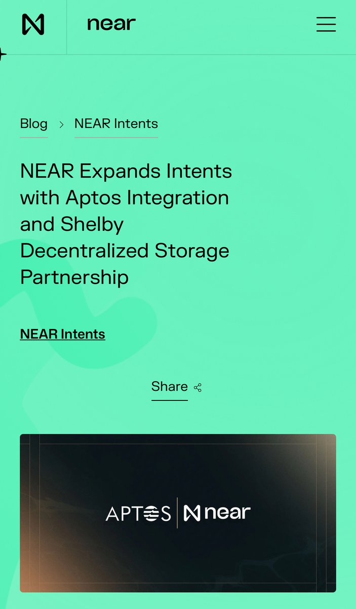 Aptos @Aptos 🤝 Near @NEARProtocol
A single handshake connects liquidity and data, expanding new possibilities.

____🤝____🤝____🤝____🤝____🤝____🤝____

"Cross-chain liquidity, one-click access"

NEAR @NEARProtocol Intents and Aptos @Aptos work together to make cross-chain transfers simple and direct.

Bitcoin, Ethereum, and assets from over 20 chains can be directly exchanged for APT or native U on Aptos without cross-chain bridges or understanding network details.

For Aptos @Aptos developers, the 1-Click Swap API makes it easy to integrate seamless liquidity into your applications.

____🤝____🤝____🤝____🤝____🤝____🤝____

"Hot Storage: Real-Time Availability"

Cold storage is only suitable for archiving. Shelby @shelbyserves opens up another paradigm.
It is a decentralized hot storage protocol that supports millisecond reads, programmable logic, and pay-per-access. It was jointly developed by Aptos Labs @AptosLabs and Jump Crypto.
NEAR @NEARProtocol will test Shelby @shelbyserves in AI-native scenarios, enabling agents to have real-time memory and data that is always readable, available, and monetizable.

____🤝____🤝____🤝____🤝____🤝____🤝____

The collaboration between Aptos @Aptos and NEAR @NEARProtocol lays the foundation for stablecoin-driven applications, agent economies, and AI-native networks. Today, you can use NEAR @NEARProtocol Intents to swap data across chains with one click, and tomorrow, the Shelby @shelbyserves mainnet will make real-time data services the norm.