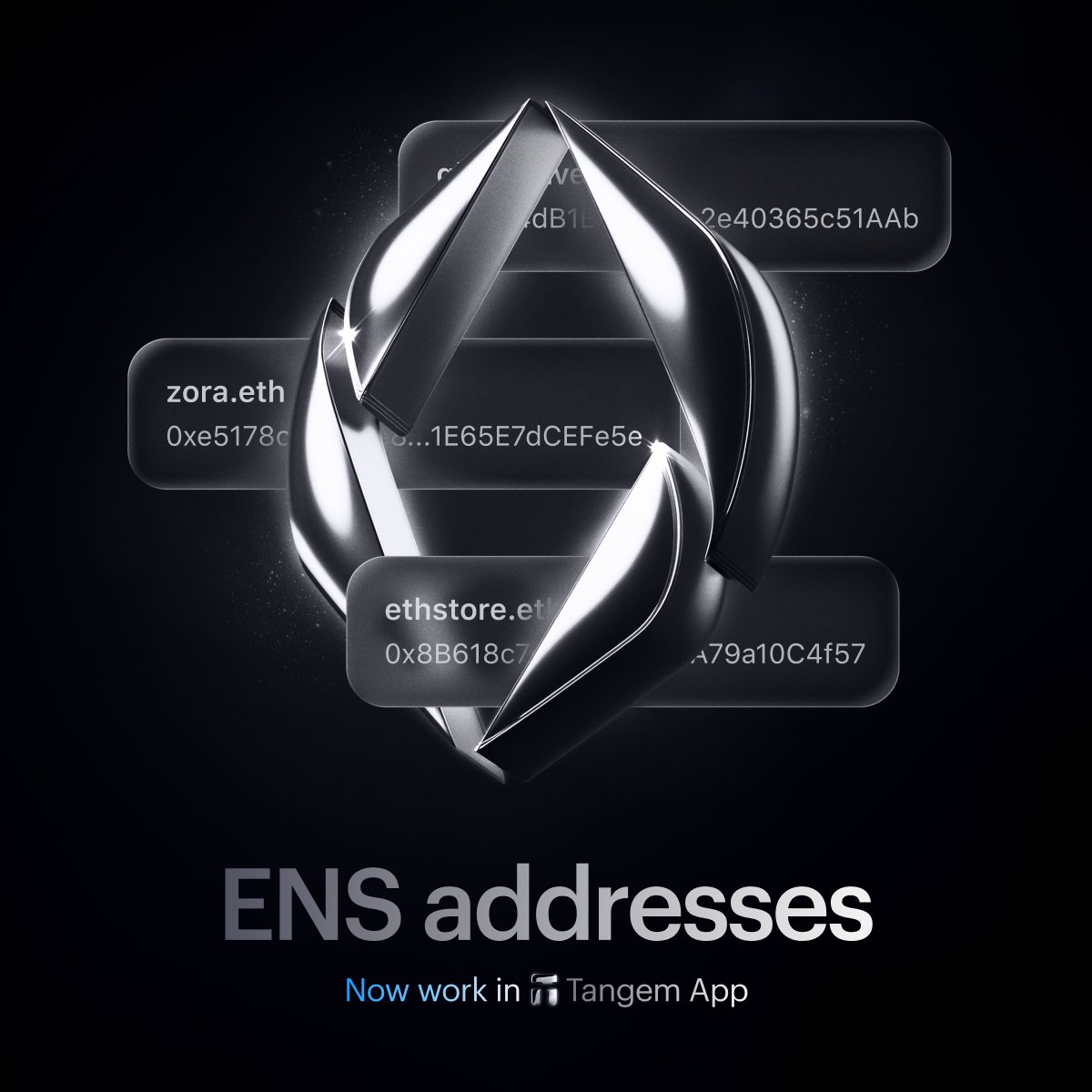 ENS Addresses in Tangem! @ensdomains

With the Ethereum Name Service (ENS), you can send and receive cryptocurrency using easy-to-remember addresses like tangem.eth. We've also optimized the "Receive" page for even greater convenience.