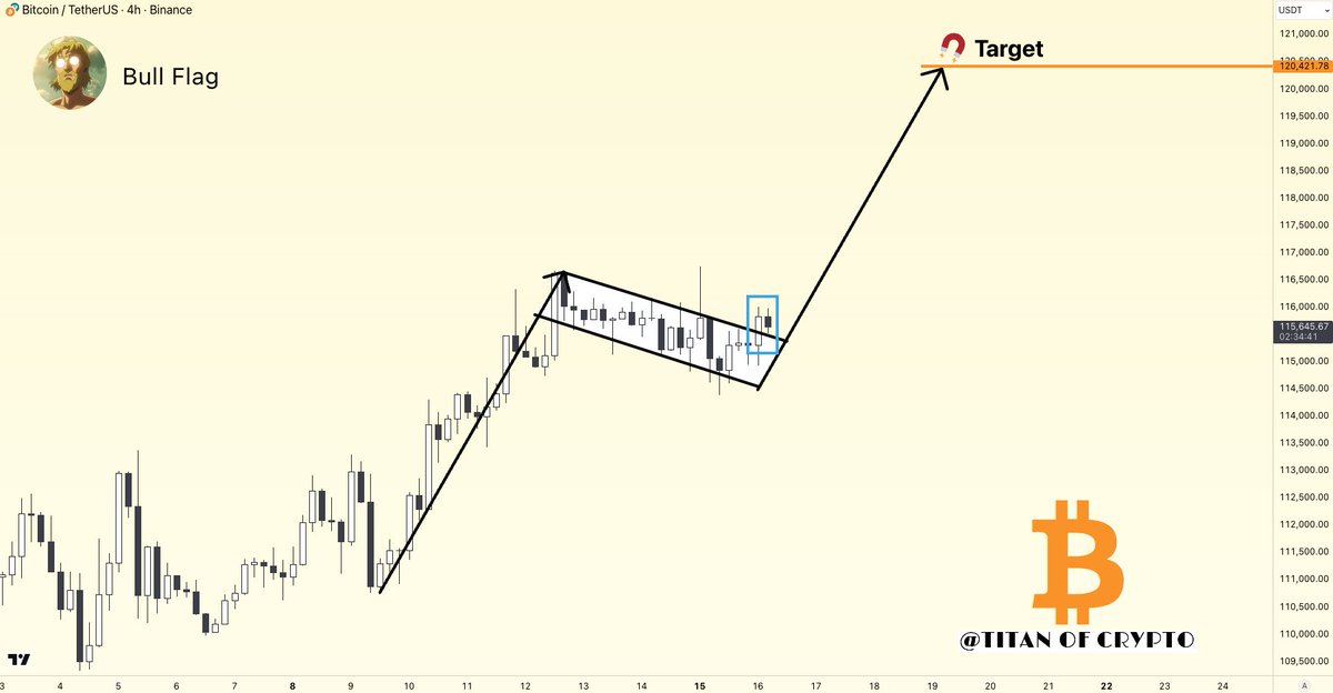 #Bitcoin Bull Flag on the 4-hour chart ⏳

One of my favorite patterns may be unfolding here.
If all goes well, #BTC could head towards $120,000 🚀