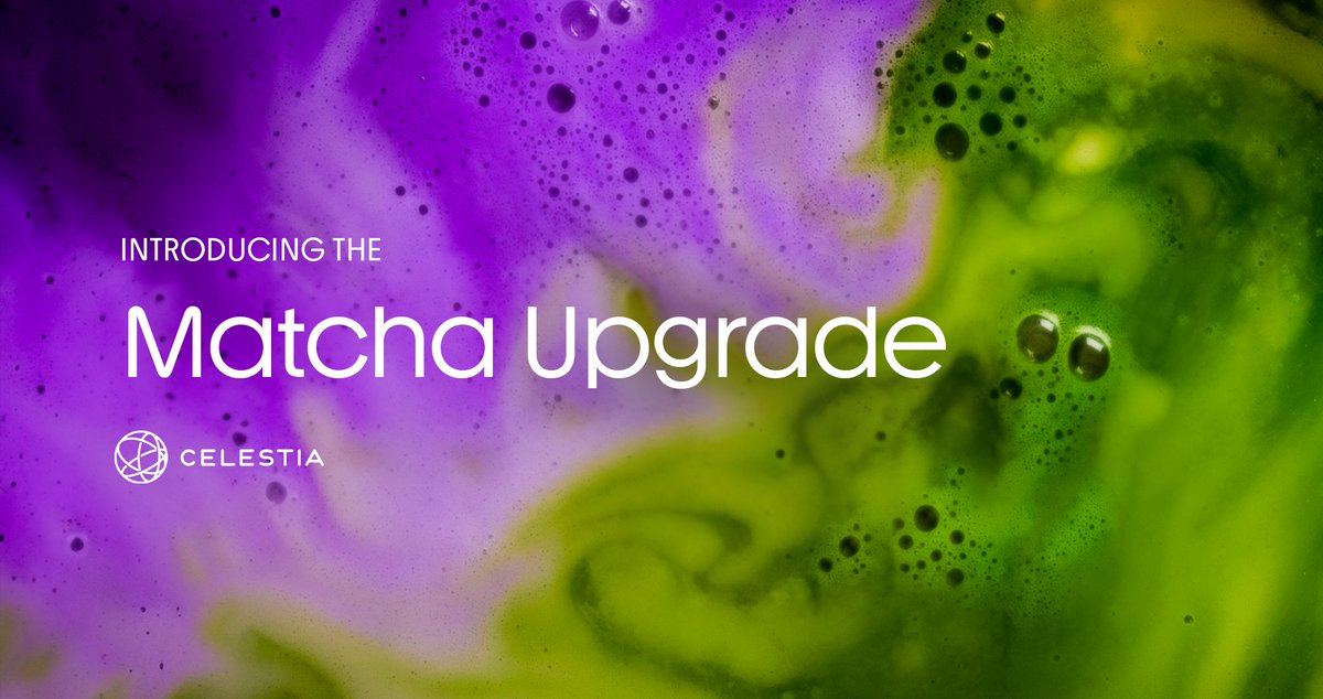 This is Matcha.

Celestia's next upgrade, and its largest yet.

Here's everything you need to know 👇

Scaling ⬆️

Matcha introduces a new high-throughput block propagation mechanism via CIP-38.

This will unlock the ability to scale to 128MB blocks, significantly expanding Celestia's capacity and bringing network throughput closer to 1GB/s and beyond.

Issuance Reduction ⬇️

The inflation rate is halved from 5% to 2.5%, while validator commissions are increased to 10% to maintain the incentive structure of CIP-41.

The reduced issuance also makes TIA more suitable as collateral for DeFi.

Any Asset, Anywhere ♻️

With the removal of the token filter, Celestia can support non-native assets.

This means any asset can be bridged to Celestia, paving the way for future use as a routing layer on Celestia and beyond.

Lighter nodes, faster sync ⏩

CIP-36 reduces the trust period and sampling window from 14 days to approximately 7 days.

This means approximately 77% less storage space for lightweight and bridge nodes, and faster sync times.

Matcha is the largest upgrade to date, but it also lays the foundation for even greater changes in the future.

Get full details on Matcha 👇