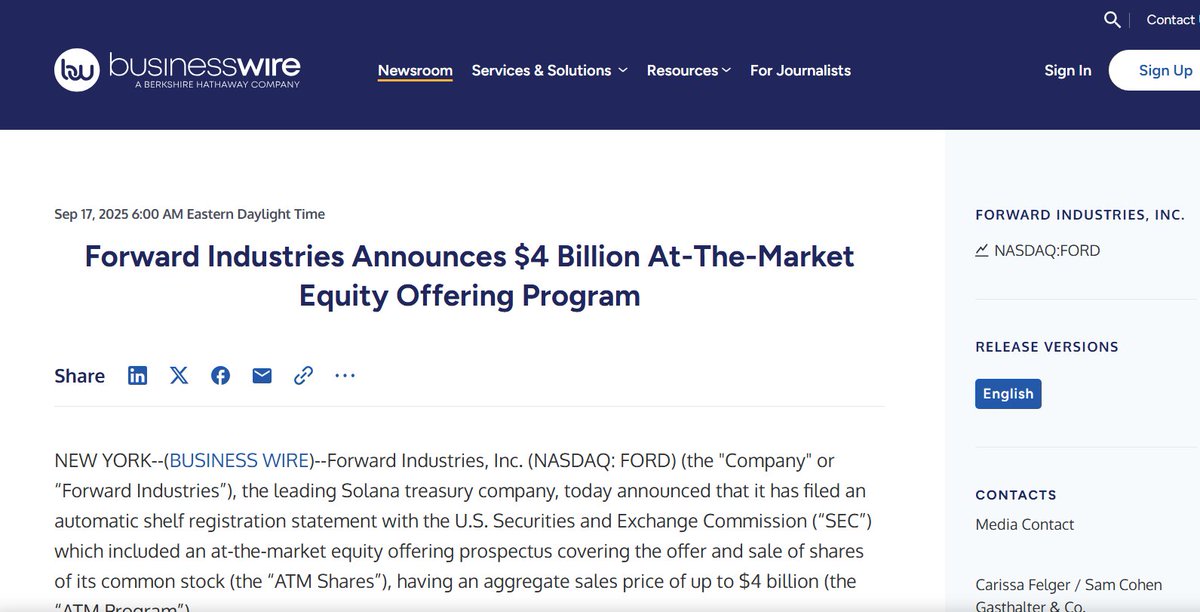【知媒快讯】9月13日，Forward Industries（FORD）宣布向美国 SEC 提交 40 亿美元 ATM 计划，用于一般企业用途，包括 Solana 战略执行、购买收入生成资产及其他资本支出。此前，公司已完成 16.5 亿美元 PIPE 私募，购买超 680 万枚 SOL，成为全球最大公开交易 Solana 财务公司。