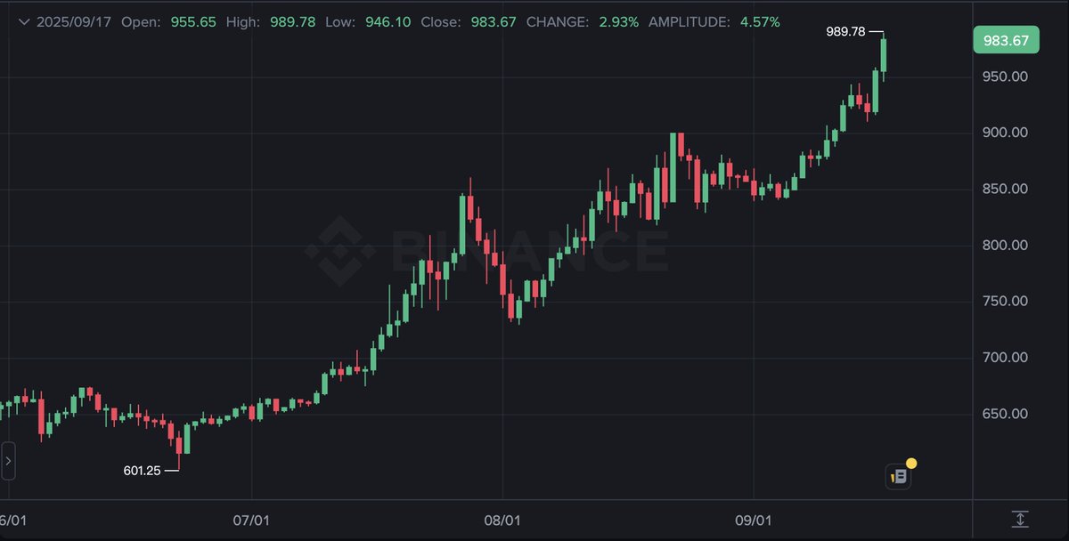 According to Binance market data, BNB price briefly surpassed its all-time high of $989.78 and is currently trading at $983.67, up 2.93% on the day.