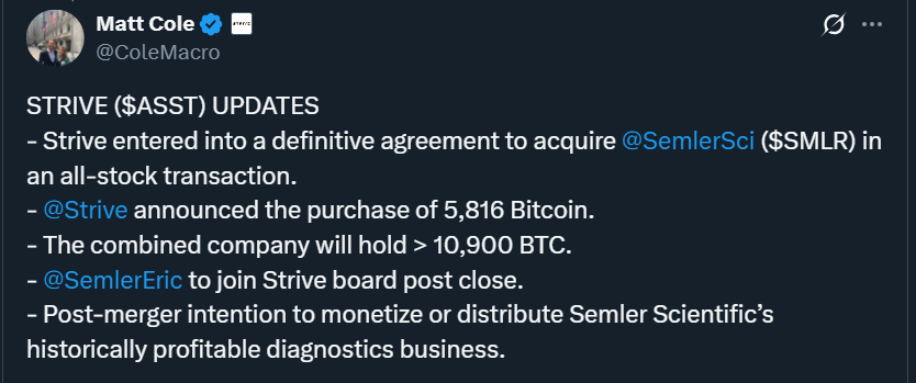 比特币新闻：Vivek Ramaswamy 的 Strive 与 Semler Scientific 合并创建了 11,000 个比特币金库