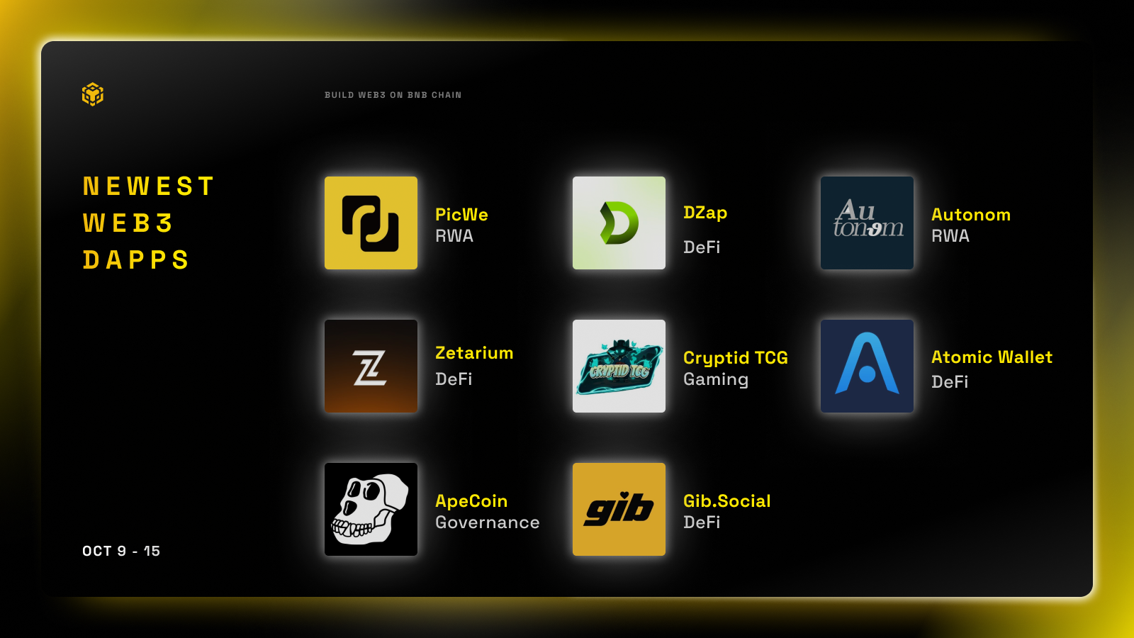 BNB 链上最新 dApp（10 月 9 日至 15 日）