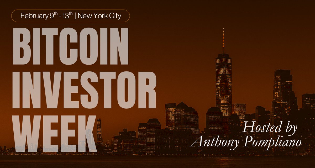 The third annual Bitcoin Investor Week returns to New York City from February 9th to 13th.

This is the world's largest Bitcoin investor event, with over 2,500 attendees expected.

Speakers include:

@JanvanEck3
@LynAldenContact
@dgt10011
@Scaramucci
@ColeMacro
@CaitlinLong_
@DTAPCAP
@MarkYusko
@Brandonlutnick
@fgthiel
and other guests

Tickets:
