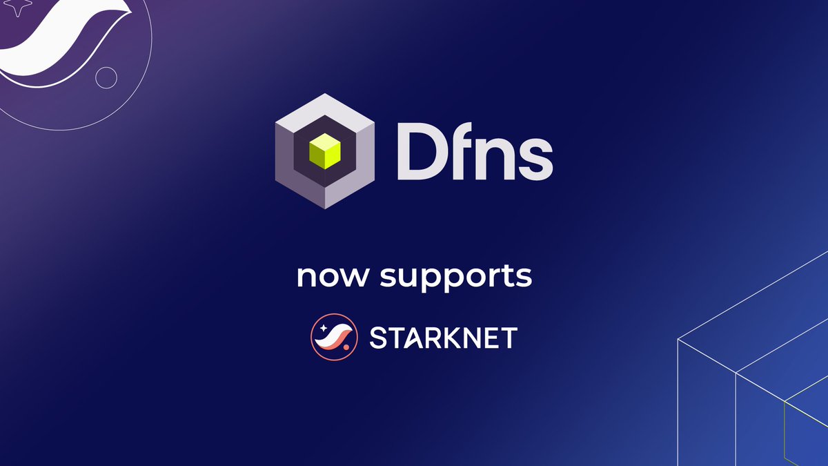 Dfns 现已上线 Starknet。

@dfnsHQ 提供企业级钱包基础设施，以及专为自动化、合规性和可扩展性而构建的完整数字资产控制系统。

现在，所有 Starknet 应用和开发者都可以利用它。

@dfnsHQ 立即开始使用：
