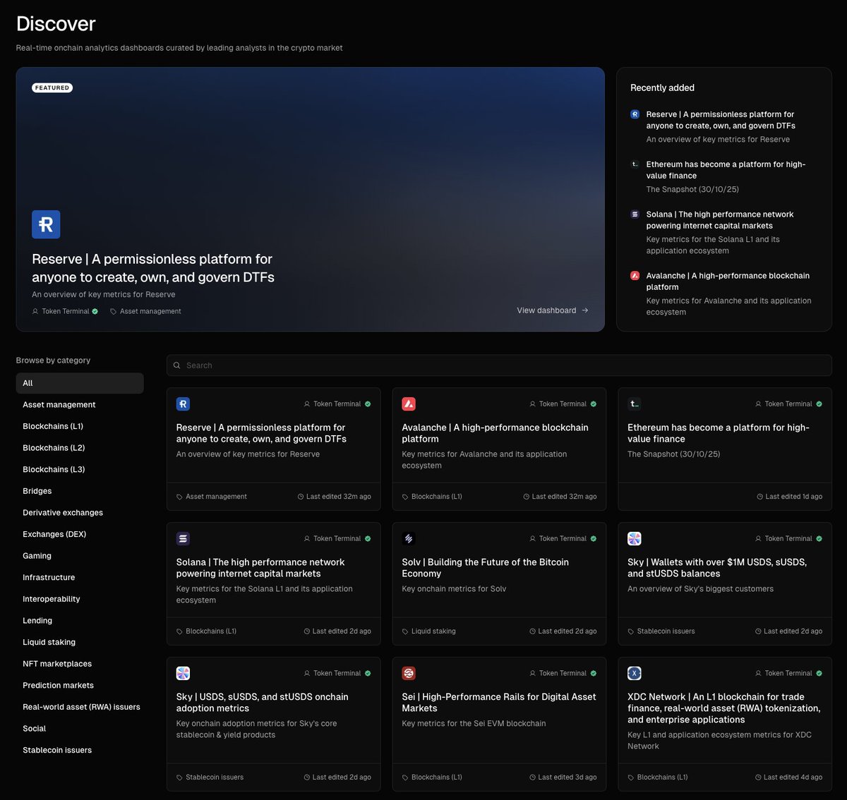 🆕🤝 We are excited to announce a data partnership with @reserveprotocol!

Reserve is one of the fastest-growing asset management projects on Ethereum and @base, boasting approximately $500 million in TVL and backed by institutions such as Coinbase Ventures, @peterthiel, and @sama.

🧵👇

2/ Reliable On-Chain Data is Crucial

To improve stakeholder reporting, Reserve has partnered with Token Terminal, a leading on-chain data platform trusted by institutional partners such as @Bloomberg.

Token Terminal's focus on data standardization makes it an ideal partner for Reserve.

3/ Token Terminal has publicly reported standardized financial and usage metrics for other leading DeFi projects (e.g.,

→ @pendle_fi

→ @aave

→ @MorphoLabs

→ and more). 4/ “Partnering with Token Terminal allows us to compare performance with competitors in a fair and accurate manner, and provides a real-time dashboard that is a powerful tool not only for our team but also for all Reserve stakeholders.”

— CEO of @mattimostABC Labs

5/ The data partnership comprises four key parts:

1️⃣ Smart Contract Registry

2️⃣ Metric Transformation

3️⃣ Discovery and Reporting

4️⃣ Data Maintenance

Let’s take a look at each one 👇

6/ 1️⃣ Smart Contract Registry

Token Terminal partnered with Reserve to maintain a tokenized registry of project smart contracts across multiple chains.

This registry is the foundation for transforming raw blockchain data into standardized metrics.

7/2️⃣ Metric Conversion

Token Terminal's research team has converted raw blockchain data into standardized financial and usage metrics, including:

→ Total Value Locked

→ Transaction Fees

→ Revenue

→ Daily Active Users

→ And more

8/3️⃣ Discovery & Reporting

Reserve is now (i) listed on Token Terminal's Asset Management Marketplace dashboard and (ii) featured prominently on the "Discover" page.

Investors and developers can now refer to a single source to evaluate asset management projects.

9/4️⃣ Data Maintenance

Standardized on-chain metrics require continuous maintenance—especially as DeFi projects evolve from single-chain to multi-chain applications.

Reserve can now rely on Token Terminal to manage future updates, allowing the team to focus on developing its on-chain ecosystem.

10/ 🔮 Future Opportunities

We are excited to explore custom dashboards that include more project-specific metrics, providing investors and stakeholders with deeper insights into Reserve's capabilities and performance.

11/ Through this collaboration, Reserve translates transparency into a competitive advantage and continues to strengthen the trust of its growing community.

Want to learn about Reserve's metrics?