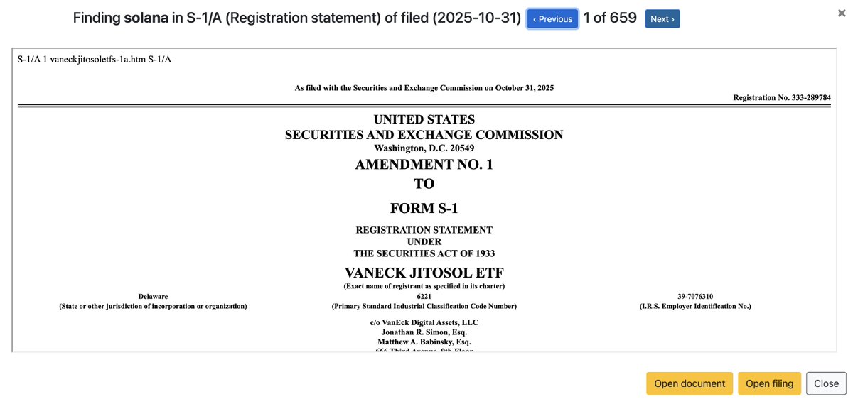 #Solana ETF News: @vaneck_us and @jito_sol have filed #1 S-1/A amendments to their pledged ETF filings with the U.S. Securities and Exchange Commission (SEC).

@jito_labs @solana #ETFs

$LQL Alert