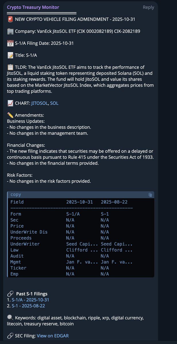 #Solana ETF News: @vaneck_us and @jito_sol have filed #1 S-1/A amendments to their pledged ETF filings with the U.S. Securities and Exchange Commission (SEC).

@jito_labs @solana #ETFs

$LQL Alert