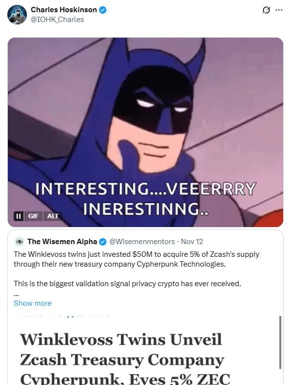 Cardano 的 Charles Hoskinson 对 Winklevoss 兄弟大规模转移 Zcash 一事作出回应