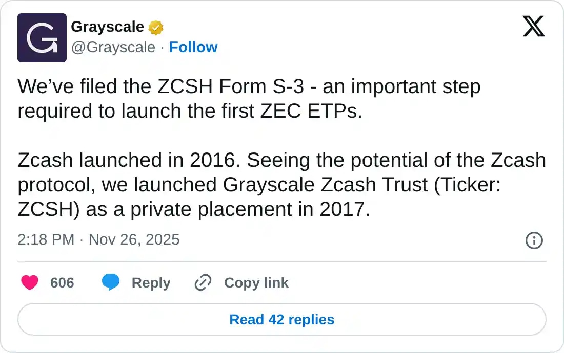 ZEC股价上涨5%，此前Grayscale提交申请，拟将其Zcash Trust转换为ETF。