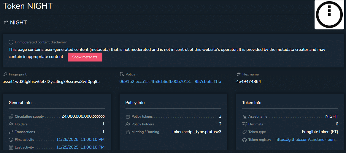 Hoskinson 展示了 Midnight Token 作为 Cardano 原生资产的最终部署。