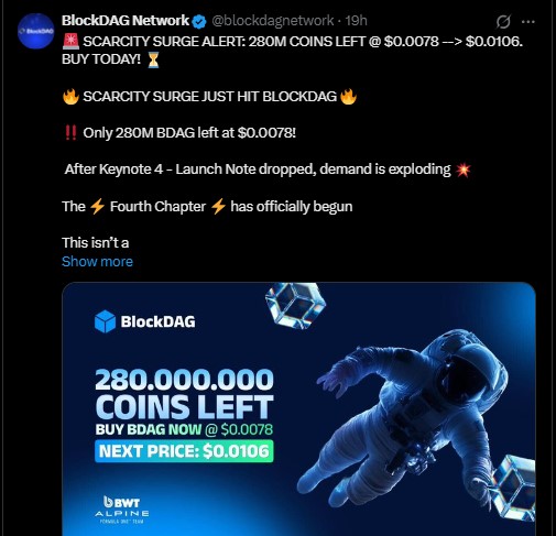 BlockDAG Keynote 4 大会推高 $BDAG 预售价格：剩余代币数量有限