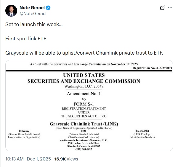 Grayscale将通过信托转换推出美国首只现货Chainlink ETF。