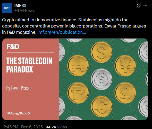 “稳定币不会实现金融民主化”——国际货币基金组织的警告使发行方备受关注