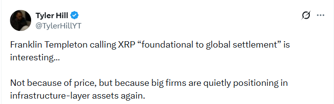 评论员称富兰克林称 XRP 为“全球结算的基础”很有意思，但并非因为其价格。