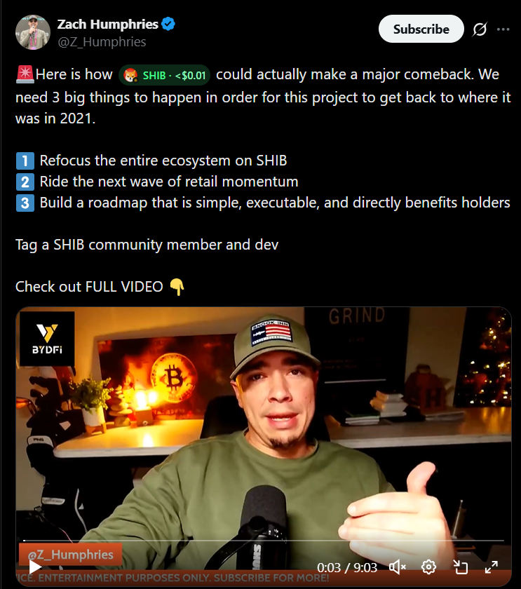 早期 #ShibaInu 专家概述了帮助 $SHIB 重回 2021 年辉煌的三大关键举措。🧵🧵🧵

尽管 Shiba Inu 表现疲软，但早期社区成员 Zach Humphries 认为，SHIB 仍然有切实可行的途径重现 2021 年的爆发式增长势头。

在一段发布于 X 平台的九分钟视频中，Humphries 概述了他认为团队必须实施的关键变革，才能帮助 SHIB 摆脱长期停滞，重回 2021 年的辉煌价格水平。

作为参考，SHIB 在 2021 年 10 月创下 0.00008845 美元的历史新高，但目前交易价格已比该水平低 90.48%。 SHIB 目前的价格为 0.000008419 美元，过去 30 天下跌了 17.3%，过去 3 个月下跌了 34.6%，年初至今下跌了 60.2%。

Humphries 强调，他自 2021 年初以来就一直在关注 SHIB，并经历了其价格的高峰和低谷。他承认社区日益增长的沮丧情绪，指出不断扩张的生态系统常常与 SHIB 脱节，以及该代币持续减弱的增长势头。

尽管如此，Humphries 仍然坚称 SHIB 远未消亡。他强调，SHIB 仍然是排名前 25 的加密资产，拥有业内最强大的品牌之一。因此，他认为，如果开发者能够解决三个主要问题，该代币仍然有复苏的希望。

Humphries 最有力的论点集中在重新调整上。他认为 Shiba Inu 生态系统已经向太多方向扩张，最终分散了人们对 SHIB 的关注。

自 2020 年 8 月推出 SHIB 以来，该团队已陆续推出了多个项目和代币，包括 Shibarium、Shib: The Metaverse、ShibaSwap、BONE、LEASH、TREAT 和 NFT。Humphries 认为，这些新增项目分散了人们对该生态系统旗舰代币的关注和价值。

他表示，这种广泛的扩张在社区内造成了混乱而非信心。他强调，SHIB 在 2021 年的上涨并非源于其复杂的功能，而是得益于其庞大而团结的社区以及强大的品牌形象。以及病毒式传播的势头。他认为，如今的生态系统显得分散、缺乏焦点，并且与SHIB脱节。

与此同时，Humphries建议对整个生态系统进行重组，使每一项重大进展都直接惠及SHIB，而不是其他代币或独立项目。

Humphries的第二个条件围绕市场心理展开。他强调，像柴犬（Shiba Inu）这样的迷因币在散户参与度高时才能蓬勃发展。机构投资者并非迷因币上涨的驱动力。相反，当普通投资者受情绪、社交病毒式传播以及低成本、高预期上涨空间的吸引力驱使进入市场时，迷因币的价格才会飙升。

Humphries指出，当散户重返加密货币市场时，这些投资者很少会从比特币开始。相反，他们倾向于像SHIB这样充满活力、以故事为驱动的资产。

在他看来，SHIB仍然可以成为最强大的迷因币之一。如果团队能够正确调整项目方向，SHIB 有望再次成为零售市场的宠儿，随着新买家的加入，开启新一轮的价格发现。

Humphries 还指出该项目的路线图过于复杂。他表示，Shibarium、去中心化交易所 (DEX)、NFT、多种代币以及元宇宙的开发，都极大地拓展了项目的愿景，使其变得模糊不清。

他强调，加密货币投资者不需要十项雄心勃勃的计划，他们需要的是一个清晰且执行到位的目标。因此，Humphries 敦促团队制定一个简洁、透明、可实现且与 SHIB 价值直接挂钩的路线图。

具体而言，他呼吁建立与 SHIB 挂钩的收益分配机制、激励措施或机制，赋予该代币在更广泛的生态系统中真正的经济意义。目标并非构建最多的功能，而是构建真正符合 SHIB 持有者需求且易于新用户理解的功能。

亨弗里斯总结道，如果团队采纳这些建议，SHIB仍有可能复苏。他断言，该代币拥有强大的品牌影响力以及庞大的社区规模。以及文化认同对于复苏的重要性。

同时，他强调SHIB的成功最终取决于领导层是否愿意重新调整方向，简化流程。