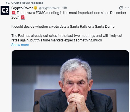 今日FOMC会议或将决定加密货币圣诞节行情或12月暴跌。
