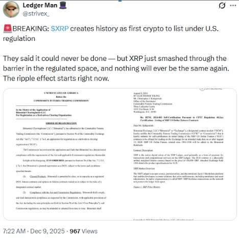 XRP获得监管上市标志着美国市场历史性转变