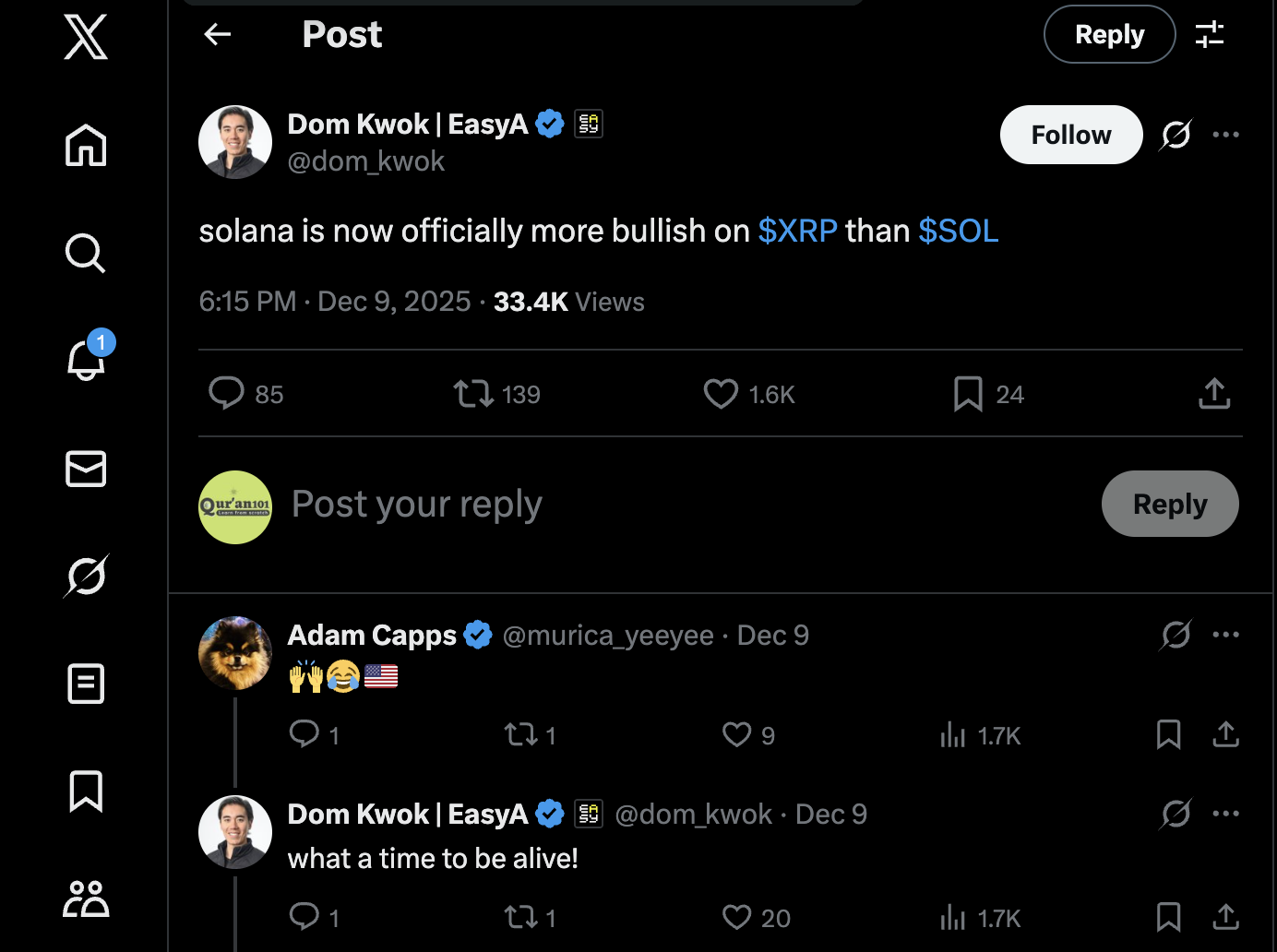 EasyA创始人表示，Solana现在“更看好XRP而非SOL”