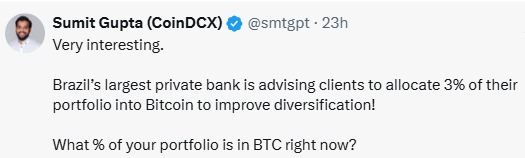 巴西银行支持比特币投资组合配置,使其走向主流化 巴西银行支持比特币投资组合配置,使其走向主流化