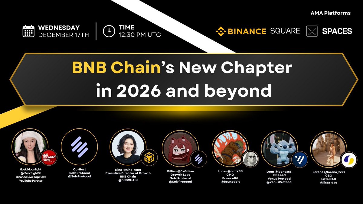 🎙 AMA Announcement: A New Chapter for BNB Chain in 2026 and Beyond

📅 December 17th, 12:30 PM UTC

𝕏 Spaces:

Also live on #BinanceSquare:

🎤 Co-hosts

Solv Protocol @SolvProtocol

Moonlight @Moon1ightSt

Binance Live Top Hosts

🌟 Speakers

Nina @nina_rong

BNB Chain Executive Director of Growth @BNBCHAIN

Gillian @0xGillian

Solv Protocol Head of Growth @SolvProtocol

Lucas @bimXBB

BounceBit Chief Marketing Officer @bouncebit

Leon @leoneast_

Venus Protocol Head of Business Development @VenusProtocol

Lorena @lorena_zzz1

Lista DAO Chief Business Officer @lista_dao

Set a reminder, include your question, and join our live streams at X Spaces and Binance Square!