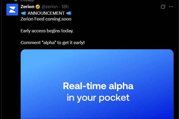 Zerion钱包信息流今日开启抢先体验：代币即将发行？