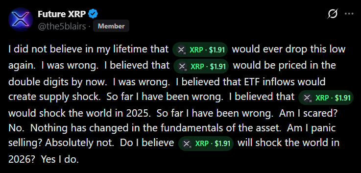 媒体名人预测 XRP 将在 2026 年震撼世界。#Ripple🧵🧵🧵

尽管 XRP 近期表现不佳，但 XRP 社区仍然坚信它终将迎来重大突破。

支持者们仍然相信，即使价格疲软，XRP 在短期内也拥有巨大的发展潜力。上周，XRP 收盘价跌破 2 美元的心理关口，此后价格持续走低，截至发稿时交易价格为 1.88 美元。

与此同时，XRP 在过去 30 天内下跌了 16%，年初至今下跌了 9%。它回吐了此前的大部分涨幅，较 7 月份创下的 3.66 美元年内高点下跌了 48%。

总而言之，XRP 的价格走势并未达到许多支持者的预期，其中包括匿名人士“未来 XRP”（Blair Report 的创始人）。他在周一的推文中表示，XRP 的价格表现低于他之前的预期。

据他所说，他从未想过XRP会在有生之年跌至如此低点。此外，他曾预测这种加密货币今年会“震惊世界”，但至今为止，它并未做到。

他此前预测XRP此时的交易价格将达到两位数，但即便有ETF参与，这一预测也未能实现。作为参考，五只美国现货XRP ETF昨日录得1089万美元的资金流入，延续了其零流出记录，累计净流入达到10亿美元。

然而，XRP并未对这笔资金流入做出反应，也没有像Future XRP预测的那样出现供应冲击。因此，他承认自己迄今为止的所有预测都是错误的。

尽管如此，他表示自己并不担心XRP的价格走势。他坚定不移的信心源于他认为该代币的基本面并未发生变化。

这位爱好者透露，他不会在恐慌中抛售手中的XRP，因为他看好该币种的近期和长期前景。他预测，尽管XRP今年增长停滞，但未来几年它仍将保持增长势头。它将在2026年震惊世界。

与此同时，在另一项平行分析中，他将XRP与石油进行了比较，指出两者都是大宗商品。他认为，多家公司正在围绕XRP构建业务，这凸显了该资产的实际应用价值和新兴市场潜力。他还补充道，石油价格取决于供需关系，而非埃克森美孚等大型石油公司的举措，XRP的价格走势也将遵循这一规律。

值得注意的是，关于XRP在2026年的表现预测层出不穷，大多数预测都指向价格反弹。最近的一份报告预测，XRP在2026年可能达到5美元，并列举了四个理由来支持这一观点。分析师Dr. Cat则预测XRP价格将更加强劲，预计明年将上涨至20至30美元之间。

尽管市场普遍看好XRP在2026年的表现，但评论员Vincent Scott警告称，这些预测并不现实。他特别指出了一篇声称XRP价格将上涨3美元的文章。