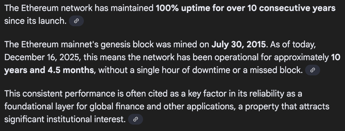 截至2025年12月16日，以太坊主网已稳定运行约10年零4.5个月——期间零宕机，无区块丢失。

我们信赖以太坊。