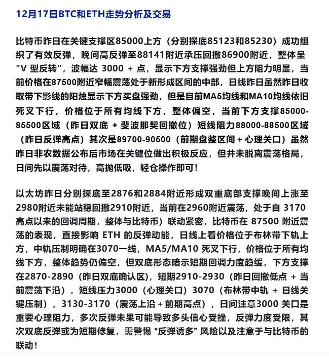 当前比特币已从 85000附近短期支撑区反弹，超跌反弹需求部分释放；以太坊依托基本面支撑，抗跌属性凸显。