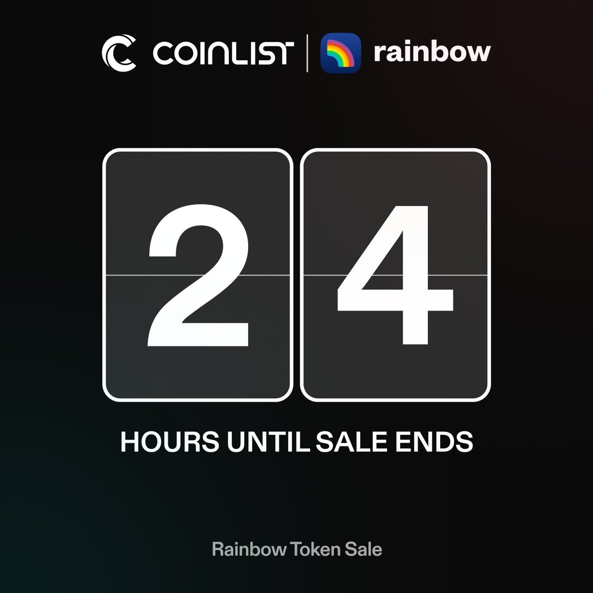 距离 Rainbow Token Sale 发售仅剩 24 小时！🌈

• 1 亿美元最终发行价 (FDV)（较上一轮私募发行优惠 33%）

• 非美国用户可在 TGE 时 100% 解锁

• TGE 已确定于 2026 年 2 月 5 日举行

• TGE 时流通市值约为 1800 万美元（占总供应量的 18%）

• 所有团队、投资者和国库代币在 TGE 时仍将锁定

在 $RNBW 上线交易所之前，锁定您的份额。

立即行动！