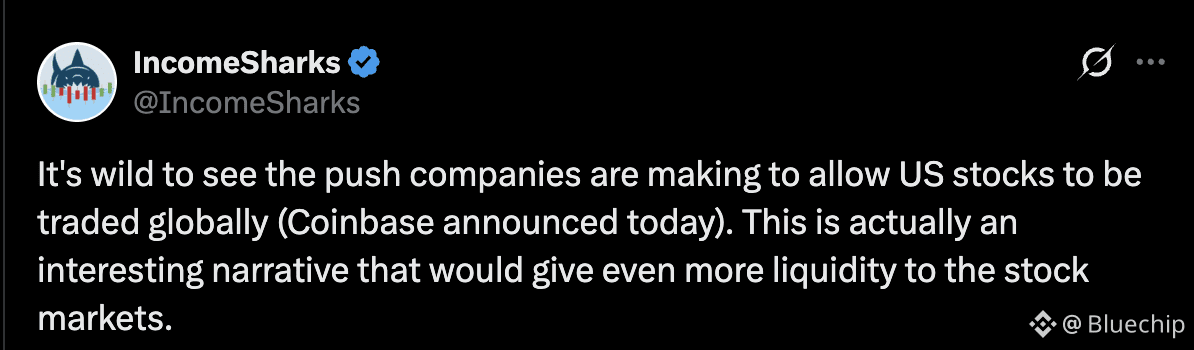 大型机构将山寨币添加到大型交易所以获取退出流动性，结果导致山寨币消亡。

现在他们又想把美国股票推向世界其他地区？为了什么？退出流动性？

说实话，我对这件事感觉很复杂。

$BTC
