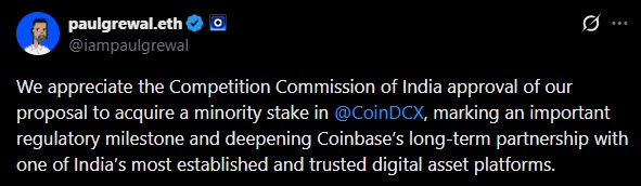 Coinbase 与 CoinDCX 的交易获得 CCI 批准，推动印度加密货币发展。