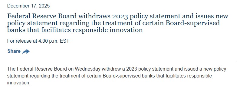 美联储加密货币政策变更：银行现获准进入加密货币领域