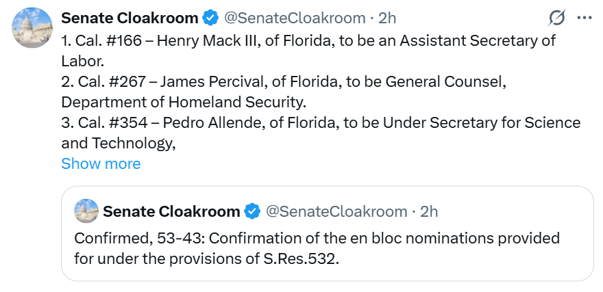 美国参议院确认支持加密货币的塞利格担任美国商品期货交易委员会（CFTC）主席，希尔担任联邦存款保险公司（FDIC）总裁。