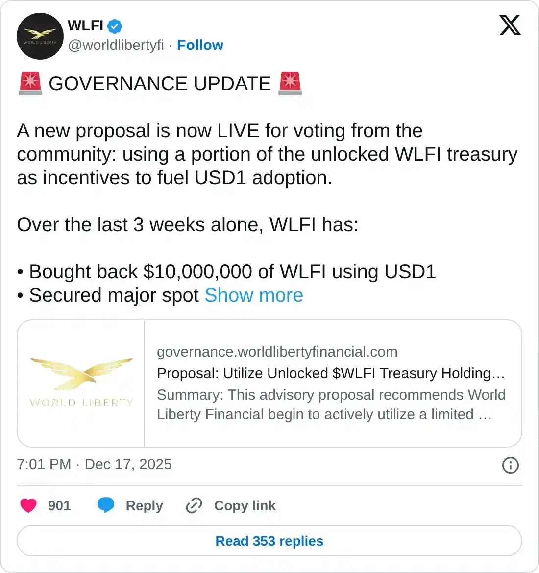 世界自由金融公司（World Liberty Financial）在社区投票决定释放国库资金用于采用1美元货币后实现复苏。