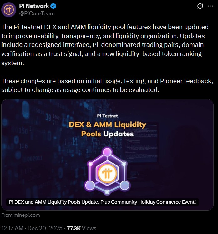 Pi Network 最新更新推出测试网 DEX，并提供 AMM 流动性