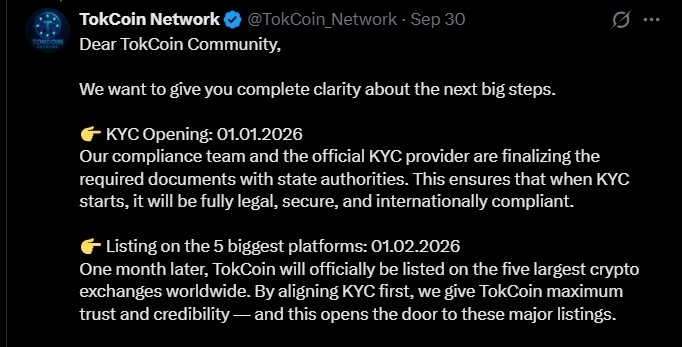 TokCoin网络价格预警：KYC将于1月1日开放，TokCoin上市日期？