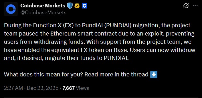 以太坊上的外汇兑换 PUNDIAI 代币迁移已暂停，Coinbase 已启用退出功能