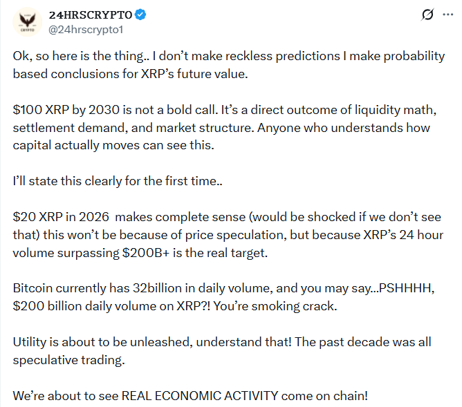 专家称 XRP 涨至 100 美元并非大胆预测，并分享了预期时间表