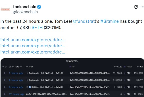 Bitmine以太坊国库在2.01亿美元买入后，ETH数量突破410万枚。