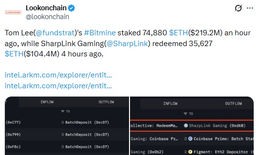 BitMine以太坊质押规模扩大，网络新增154,000枚ETH。