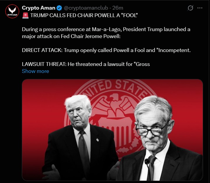 特朗普称美联储主席杰罗姆·鲍威尔为“傻瓜”，暗示可能将其免职。