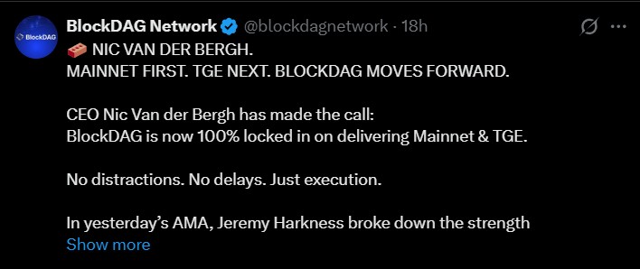 BlockDAG 将于二月上线？CEO 将重心转移到主网和 TGE