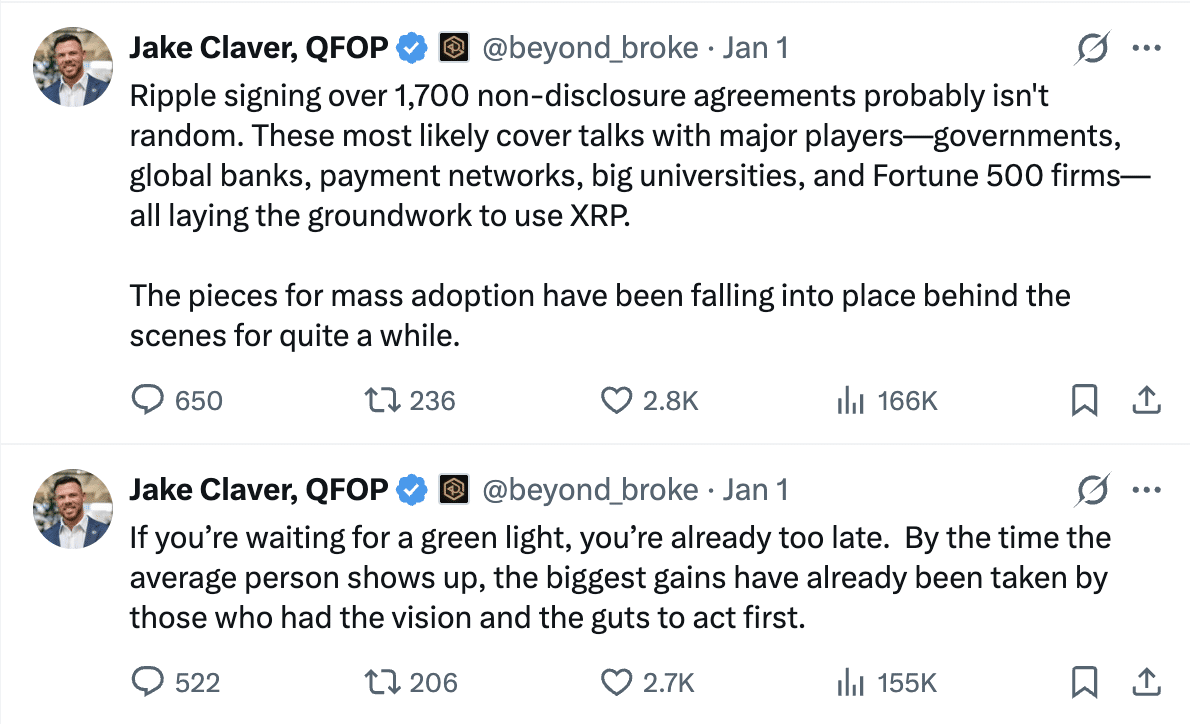 Jake Claver表示，时间表总是会延长，他坚持自己对XRP的预测。