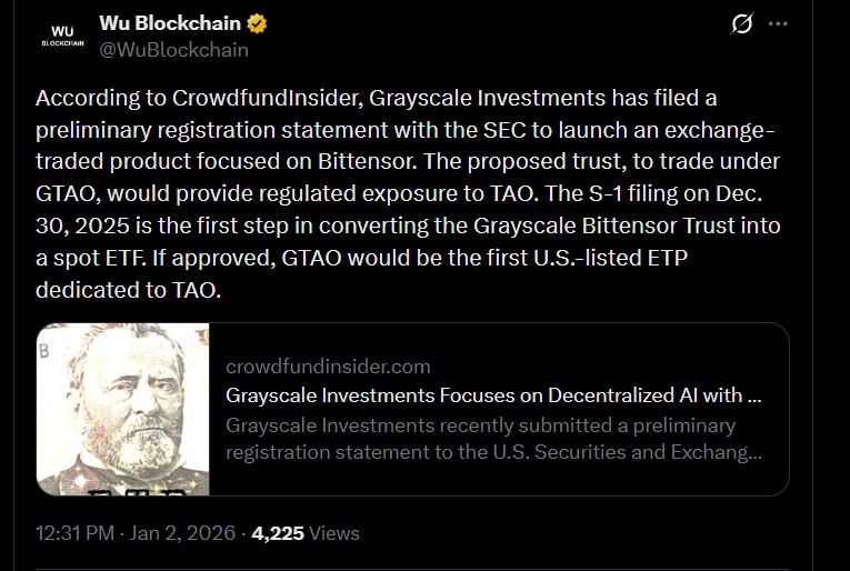 Grayscale Bittensor ETF 助力 TAO 距离获得美国证券交易委员会 (SEC) 批准更近一步