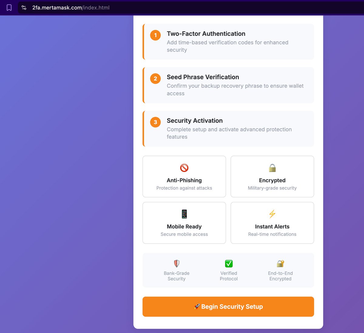 🚨MetaMask New '2FA Secure Verification' Scam Emerges @MetaMask @tayvano_
Pay attention to precautions

Use similar domain names:
True: matamask
False: mertamask

Click to jump:

After completing the verification, jump to a 'realistic' security reminder page:

Continue to the 'realistic' 2FA verification page:

Pair, Continue, Realistic Countdown Safety Reminder:

Continue, the last step, here comes the key point 🤣 tricking you into entering the mnemonic phrase:

The scammer actually wrote to verify the authenticity? 🤣