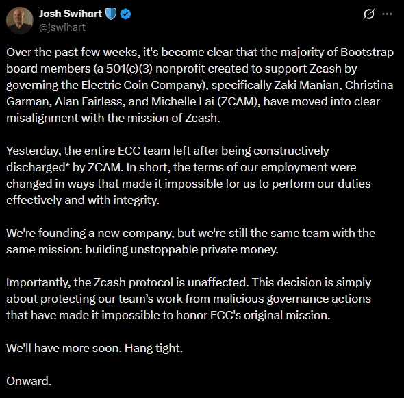 Zcash背后的电子货币公司团队因管理冲突而辞职——为什么？