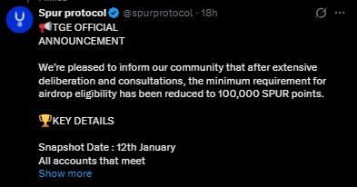 Spur协议上线日期：1月26日：查看空投资格标准
